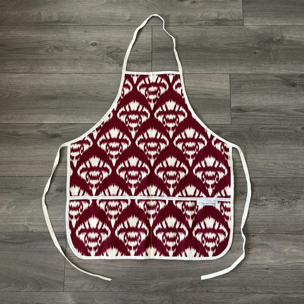 Oscar de la Renta Kitchen Apron Tie Back Burgundy White